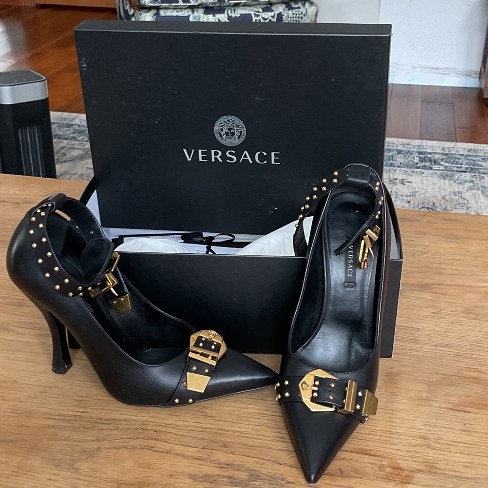 Versace Black Heels with Gold Accents